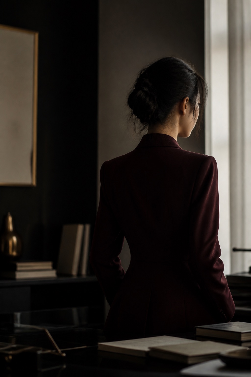 身穿深酒红西装、面向光线的女性背影